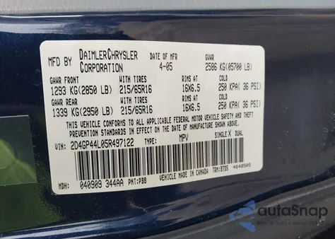 2005 Dodge Grand Caravan Sxt z USA, uszkodzony, nr VIN 2D4GP44L05R497122